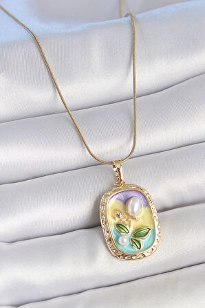 316L Çelik Gold Renk Zincir İncili Çiçek İşlemeli Portre Model Kadın Kolye