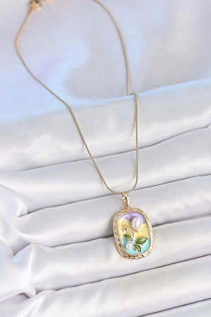 316L Çelik Gold Renk Zincir İncili Çiçek İşlemeli Portre Model Kadın Kolye