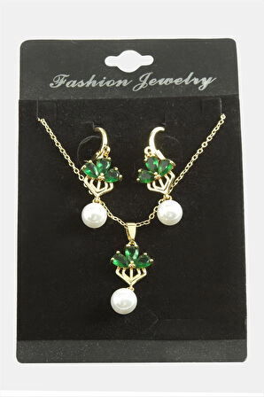 Çiçek İnci Zirkon Taşlı Set Kolye