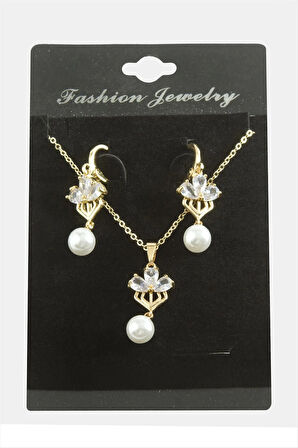 Çiçek İnci Zirkon Taşlı Set Kolye