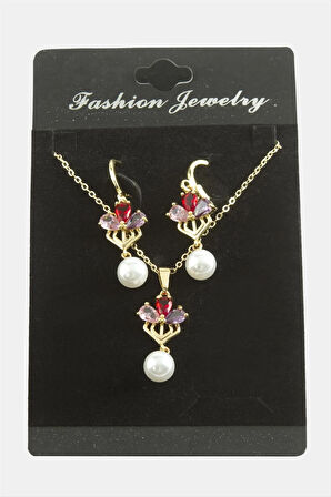 Çiçek İnci Zirkon Taşlı Set Kolye