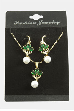 Çiçek İnci Zirkon Taşlı Set Kolye