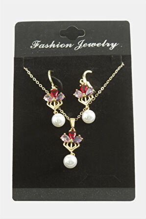 Çiçek İnci Zirkon Taşlı Set Kolye