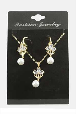 Çiçek İnci Zirkon Taşlı Set Kolye