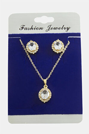 Oval Zirkon Taşlı Set Kolye
