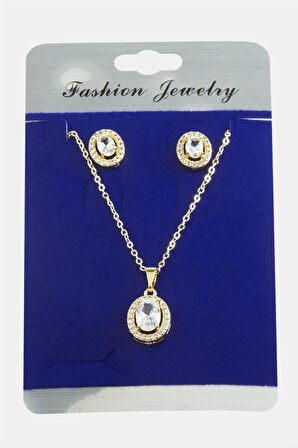 Oval Zirkon Taşlı Set Kolye