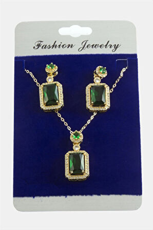 Dikdörtgen Zirkon Taşlı Set Kolye