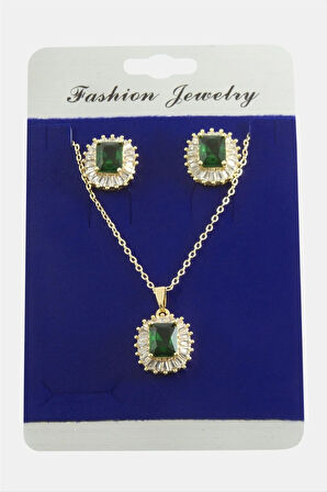 Dikdörtgen Zirkon Taşlı Set Kolye