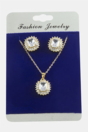 Dikdörtgen Zirkon Taşlı Set Kolye