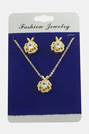 Gül Zirkon Taşlı Set Kolye