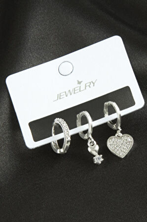 3 Adet Kalp Zirkon Taşlı Küpe