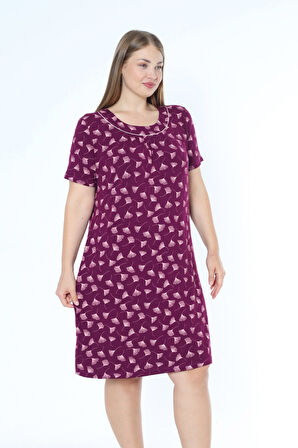 Büyük Beden Desenli Kısa Kollu Biyeli Esnek Viskon Gecelik