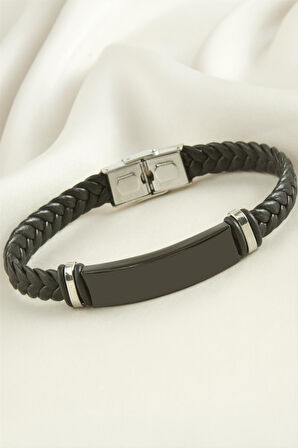 Örgülü İsim Yazılabilir Deri Çelik Bileklik