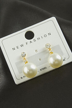 Yuvarlak İnci Taşlı Küpe