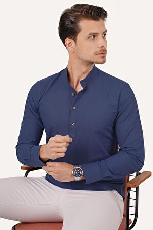 İndigo Hakim Yaka Üç Düğmeli Slimfit Keten   Gömlek
