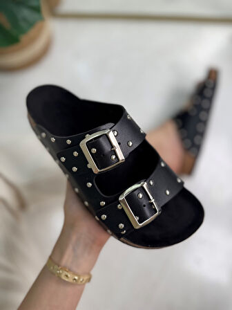 Günlük Kadın Terlik Çift Tokalı Metal Detaylı Yumuşak Rahat Ortopedik Mantar Taban Ayakkabı 118