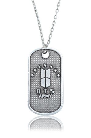 BTS Army Künye Erkek Kadın Kolye Antik Gümüş Kaplama - 60 cm Düz Zincir