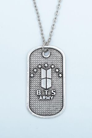 BTS Army Künye Erkek Kadın Kolye Antik Gümüş Kaplama - 60 cm Düz Zincir