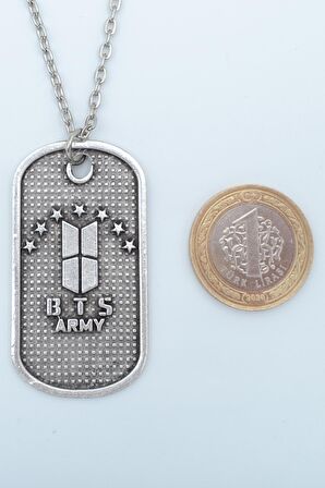 BTS Army Künye Erkek Kadın Kolye Antik Gümüş Kaplama - 60 cm Düz Zincir
