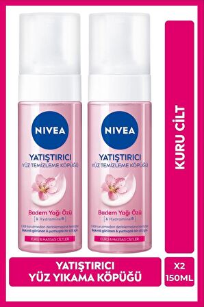NIVEA Yatıştırıcı Yüz Temizleme Köpüğü 150ml, Kuru ve Hassas Ciltler, Nemlendirici, Badem Yağı, Yüz Bakım, X2 Adet