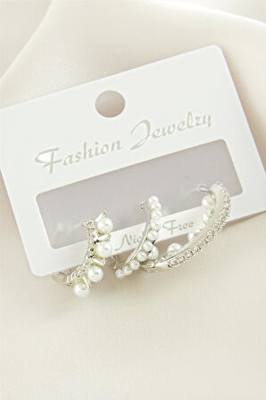 3 Adet Çivi İnci Zirkon Taşlı Küpe