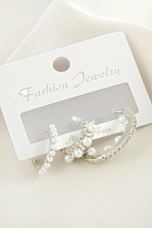 3 Adet Çivi İnci Zirkon Taşlı Küpe