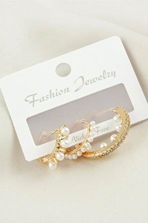 3 Adet Çivi İnci Zirkon Taşlı Küpe