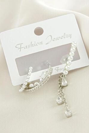 3 Adet İnci Zirkon Taşlı Küpe