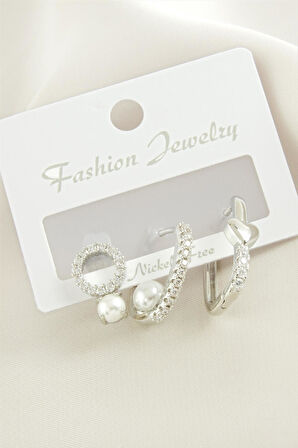 3 Adet Kalp İnci Zirkon Taşlı Küpe