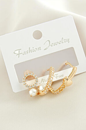 3 Adet Kalp İnci Zirkon Taşlı Küpe