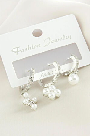 3 Adet Çiçek İnci Zirkon Taşlı Küpe