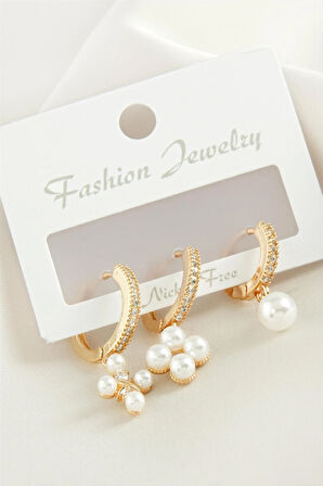 3 Adet Çiçek İnci Zirkon Taşlı Küpe