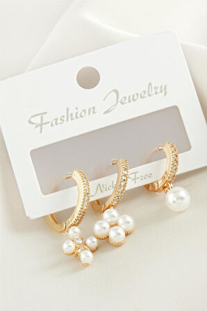 3 Adet Çiçek İnci Zirkon Taşlı Küpe