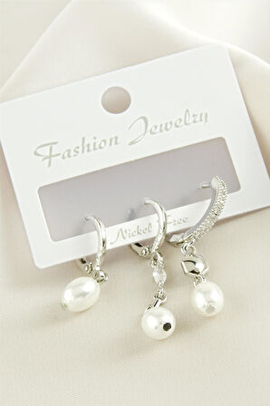 3 Adet Oval İnci Zirkon Taşlı Küpe