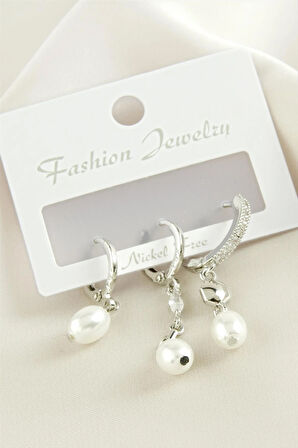 3 Adet Oval İnci Zirkon Taşlı Küpe