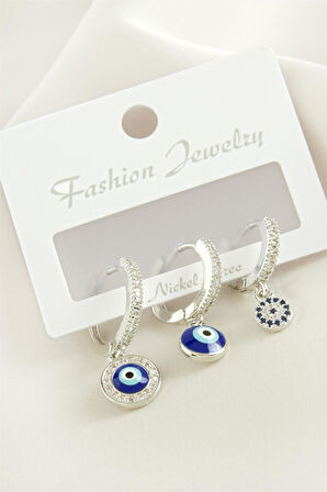 3 Adet Nazar Zirkon Taşlı Küpe