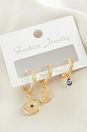 3 Adet Göz Zirkon Taşlı Küpe