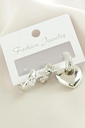 3 Adet Kalp  Zirkon Taşlı Küpe