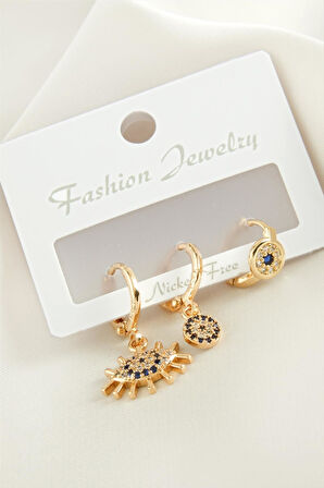 3 Adet Göz Nazar Zirkon Taşlı Küpe