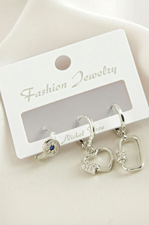 3 Adet Kalp Zirkon Taşlı Küpe