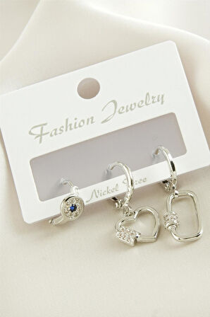 3 Adet Kalp Zirkon Taşlı Küpe