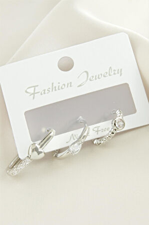 3 Adet Kalp Zirkon Taşlı Küpe