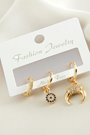 3 Adet Hilal Zirkon Taşlı Küpe