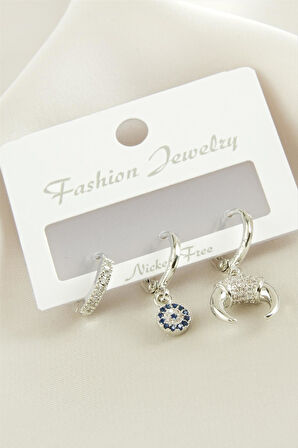 3 Adet Hilal Zirkon Taşlı Küpe