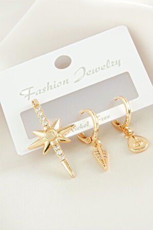 3 Adet Yıldız Zirkon Taşlı Küpe