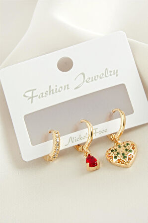 3 Adet Kalp Zirkon Taşlı Küpe