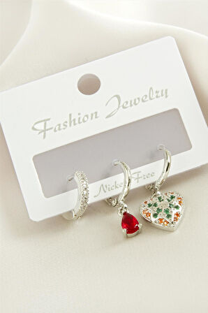 3 Adet Kalp Zirkon Taşlı Küpe