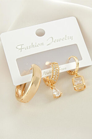 3 Adet Baget Zirkon Taşlı Küpe