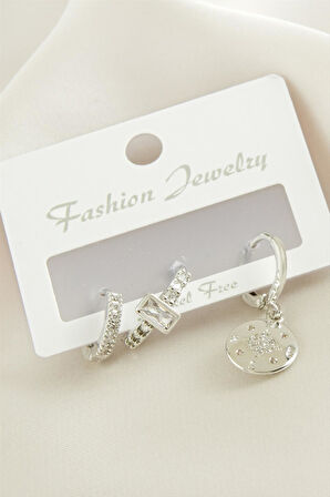 3 Adet Çiçek Zirkon Taşlı Küpe