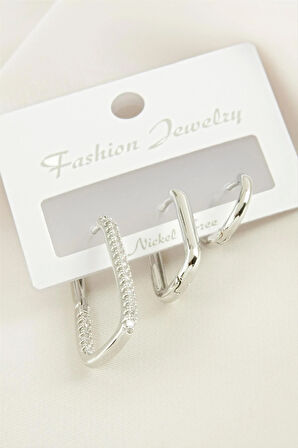 3 Adet Oval Zirkon Taşlı Küpe